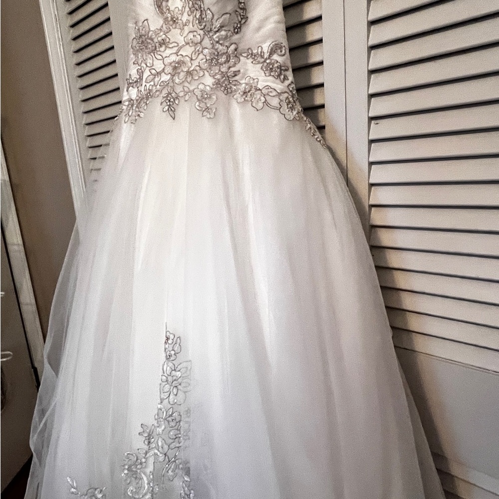 Gorgeous Oleg Cassini White One Shoulder Wedding Gown with Silver Embroidery